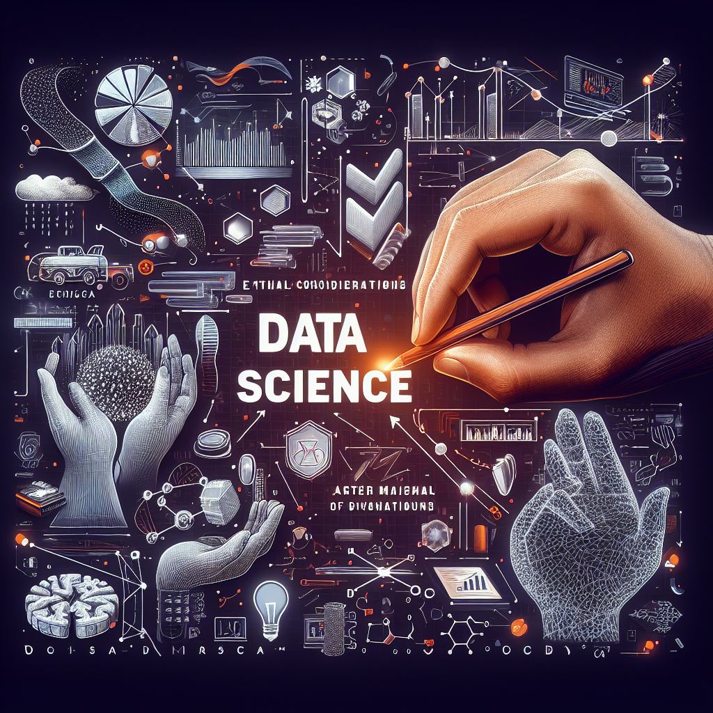 An image showcasing the dynamics of data science: interconnected data points, algorithms in motion, and an ethical compass. A visual representation of the magical journey into the heart of data exploration